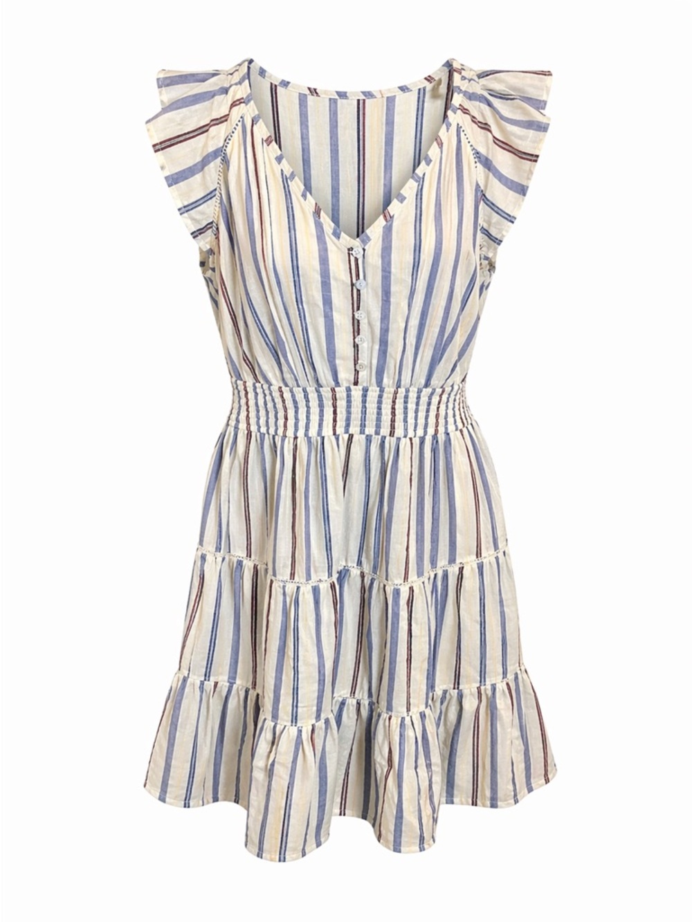 Wayward Fancy Women's Midi Dress Stripe Smocked Waist Flutter Sleeve Large